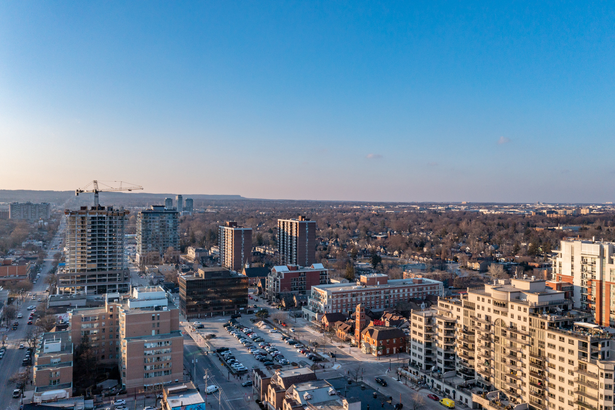 Aerial view of Brant Street Pier and Ontario Lake, Burlington, Canada